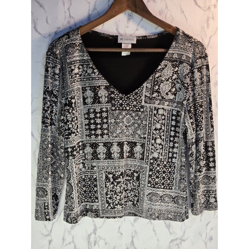 Y2K Metaphor WomensPatterned Glitter Stretch 3/4 Sleeve Top Made In USA